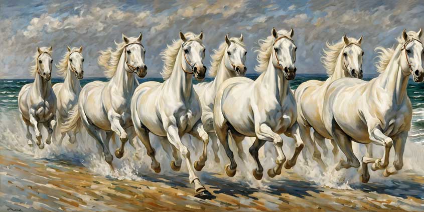 8 White Horses with Blue Ocean for Career Success on North Wall